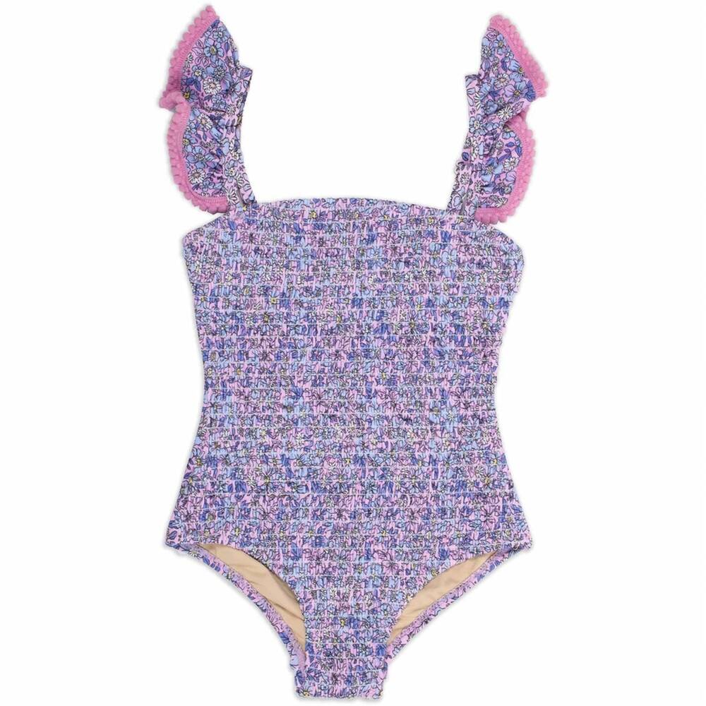 NEW SHADE CRITTERS girls' ditsy floral one piece smocked ruffle sleeve swimsuit
